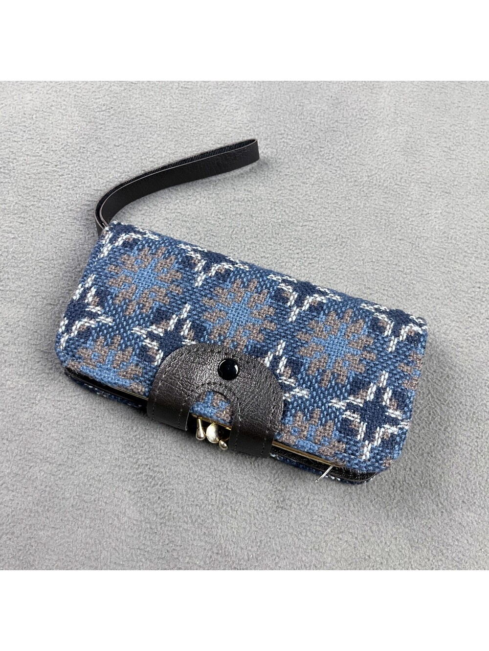 Vintage Tapestry Clutch Wallet, Blue Black Wool Tweed